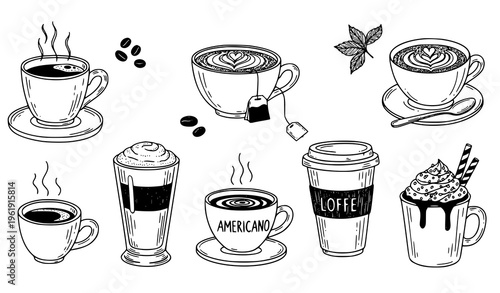 A collection of various coffee drinks and ingredients in a line drawing style