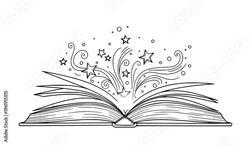Photos Magical open book with stars and swirls emerging