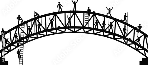 Bridge construction silhouette collection, teamwork outline figure, engineering motif illustration, infrastructure icon art, worker design graphic, building posture symbol image