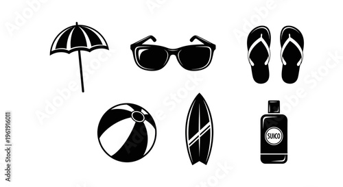 Summer Beach Vacation Icons: Umbrella, Sunglasses, Flip-flops, Beach Ball, Surfboard, Sunscreen