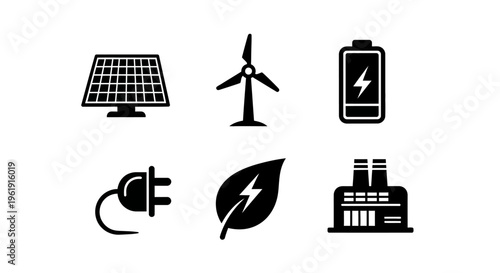 Renewable Energy Icons: Solar Panel, Wind Turbine, Battery, Plug, Leaf, Factory