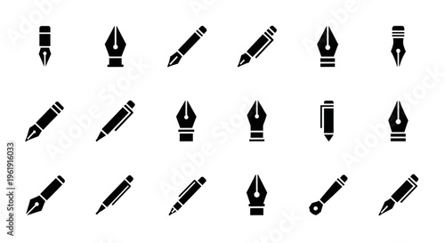 Collection of Pen and Nib Icons: Writing, Drawing, and Calligraphy Tools