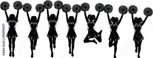 Cheerleader silhouette collection, pom‑pom outline figure, team spirit motif illustration, performance icon art, athletic design graphic, synchronized posture symbol image