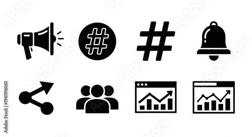 Social Media Marketing Icons: Megaphone, Hashtag, Bell, Share, People, Analytics