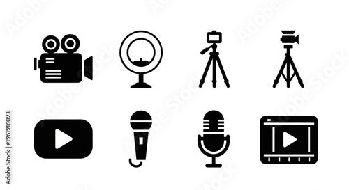 Video Production Icons: Camera, Ring Light, Tripod, Microphone, Play Button, Video Player