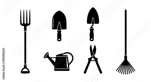 Gardening Tools Set Silhouette: Fork, Trowel, Watering Can, Pruners, Rake on White Background