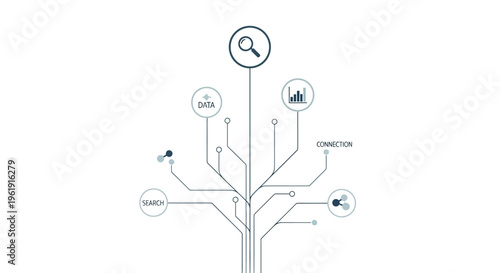 Data analysis concept with interconnected nodes and search magnification