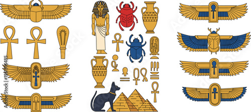 Ancient Egyptian symbols set with ankh, scarab, wings, pyramids and pharaoh elements, mythology and history collection vector illustration for design and decoration