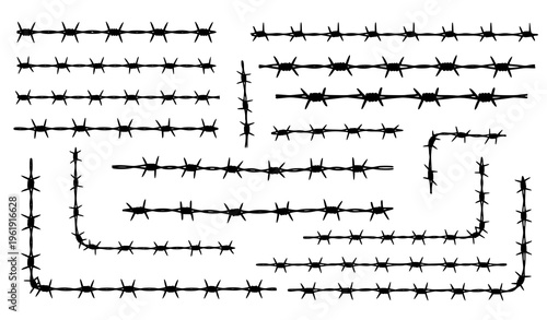 Collection of black barbed wire illustrations on a white background