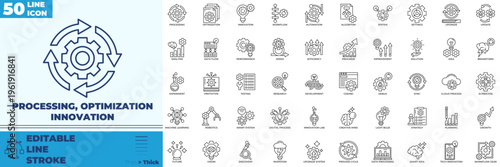 Processing Optimization And Innovation Line Editable Icons set