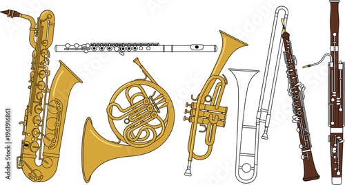 Vector illustration collection of classical orchestral instruments featuring saxophone flute french horn trumpet trombone oboe and bassoon.