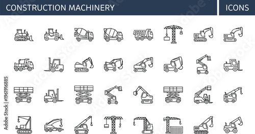 Construction machinery line icon set with excavator crane forklift dump truck loader heavy equipment outline vector collection for industrial projects