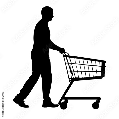 Man Pushing Shopping Cart Silhouette Vector - Retail and Consumerism Icon