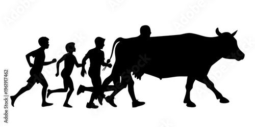 People Running with Cow Silhouette Vector - Marathon Farm Animals Race Icon