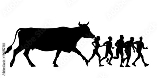 People Running with Cow Silhouette Vector - Marathon Farm Animals Race Icon