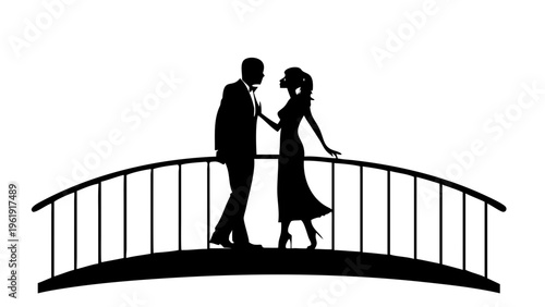 Romantic Couple on Bridge Silhouette Vector - Wedding and Love Anniversary Icon