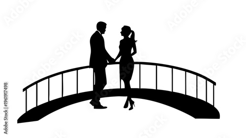 Romantic Couple on Bridge Silhouette Vector - Wedding and Love Anniversary Icon