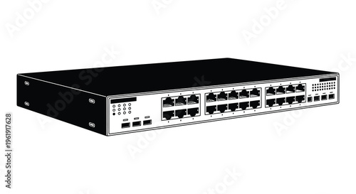 A black silhouette of a network switch with numerous ports