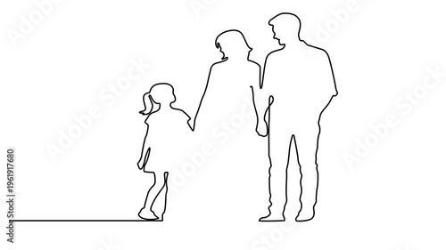 Animated self drawing of continuous one line drawing of Happy family hugging.  Father, Mother and son animation drawing. Full length one line animation. 4k video