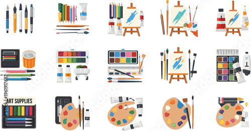 Art supplies collection with paint brushes, palette, watercolor set and easel painting tools vector illustration