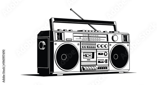 Vintage boombox illustration with detailed controls and antenna silhouette