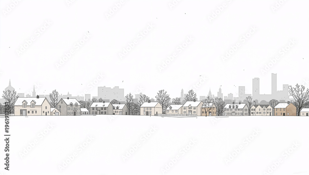 Obraz premium 広い余白を生かした雪の町並みのミニマル建築背景イラスト