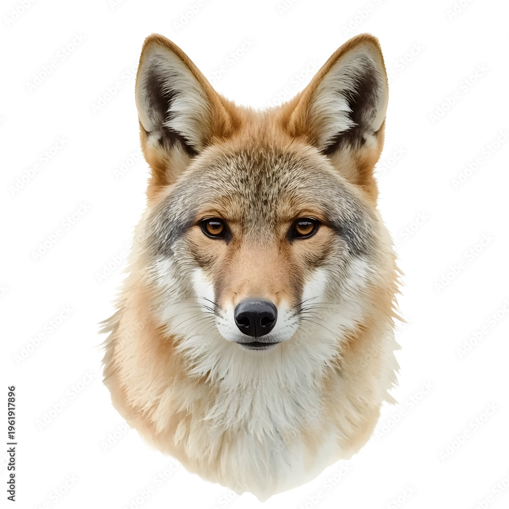 Fototapeta premium Portrait of a coyote looking straight ahead with neutral expression on a white background