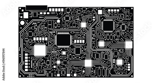 Intricate circuit board design with black shapes a striking silhouette