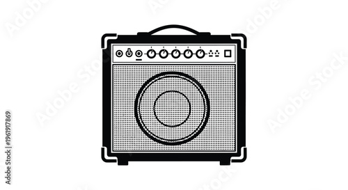 A detailed black graphic of a guitar amplifier silhouette