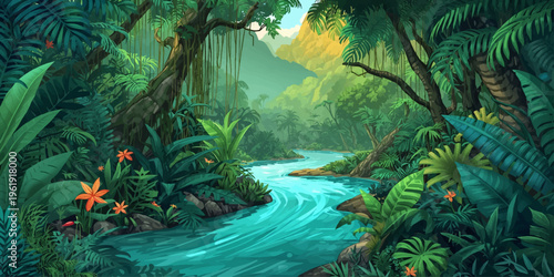 Lush Tropical Jungle River with Sunlight and Dense Green Foliage Nature Illustration