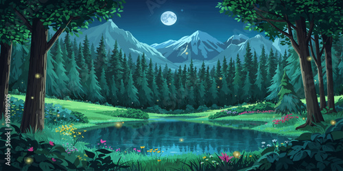 Serene Forest Lake with Waterfall and Moonlight Reflection Nature Landscape Illustration