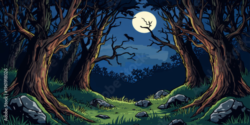 Spooky Dark Forest with Twisted Trees and Full Moon Night Fantasy Landscape