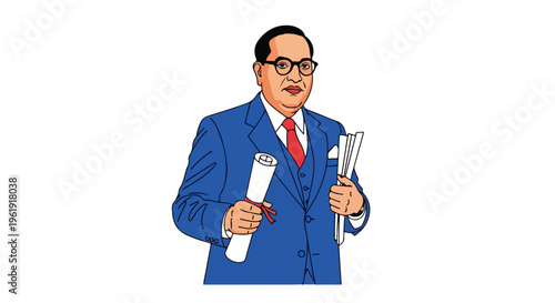 Illustration of Dr. B.R. Ambedkar on Ambedkar Jayanti, holding documents in a blue suit with a serious expression against a plain white background.