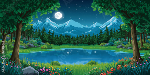 Moonlit Mountain Lake with Pine Forest and Starry Night Sky Landscape Illustration