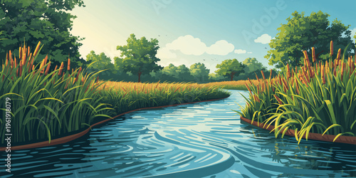 Peaceful River Landscape with Green Meadow Trees and Blue Sky Nature Illustration