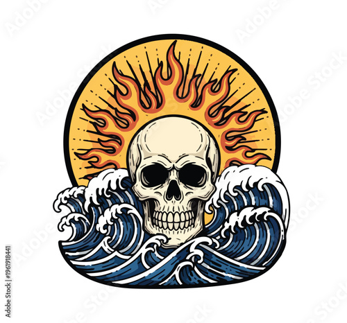 Vintage skull with fiery sun and ocean waves illustration