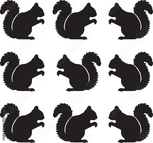 A collection of nine black silhouettes of squirrels in various poses on a white background
