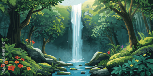Forest Waterfall Landscape with Dense Green Trees and Flowing River Illustration