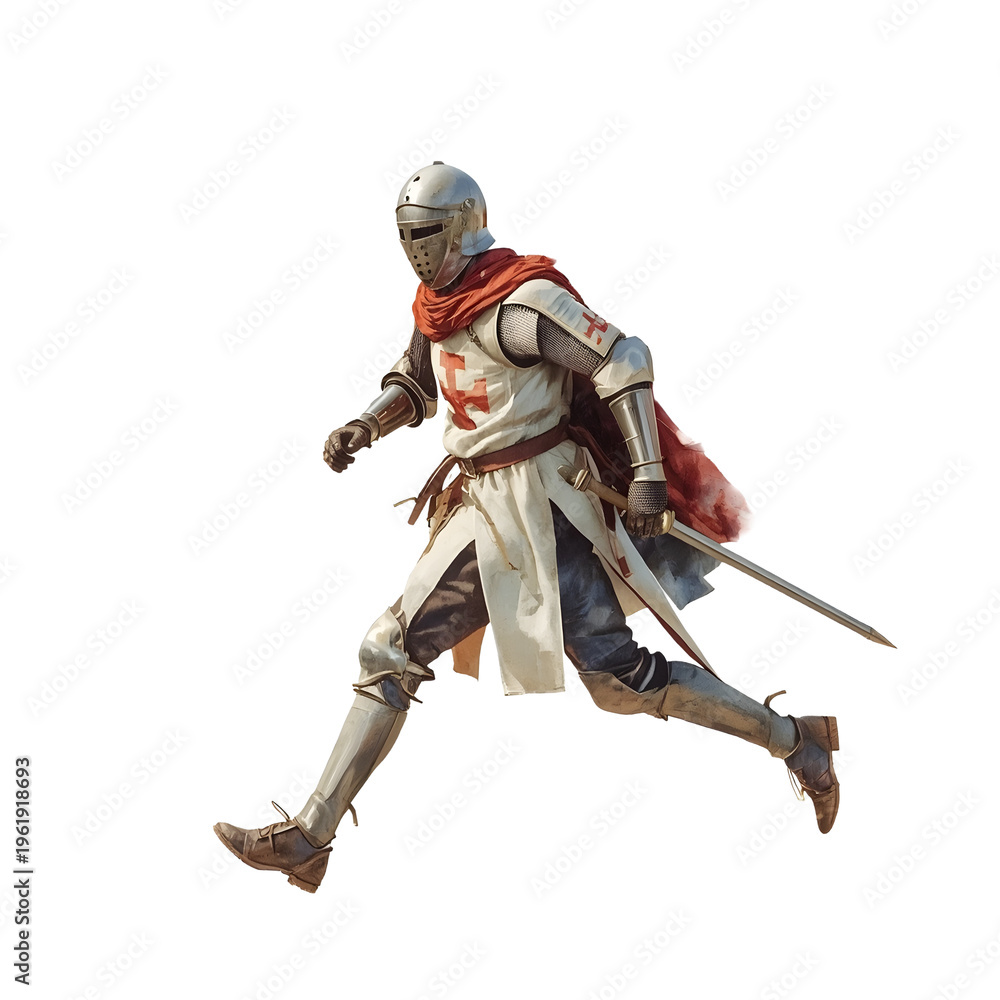Obraz premium Crusader knight in full armor mid-air jumping with sword isolated on white background