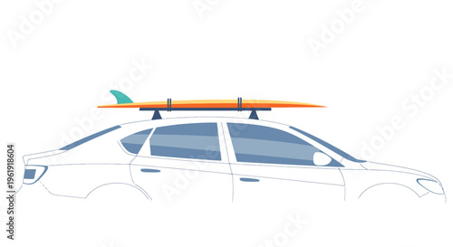 Car with surfboard on roof rack.
