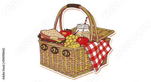 A wicker picnic basket filled with food.