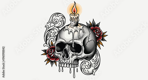 Skull with Candle and Roses Tattoo Design in Vintage Style