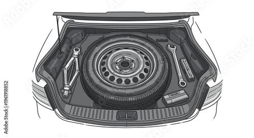 Spare tire and tools in trunk.