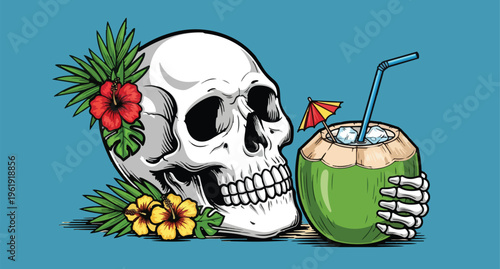 Tropical skull illustration with coconut drink and flowers