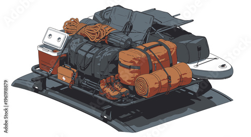 A loaded luggage carrier with bags and gear.