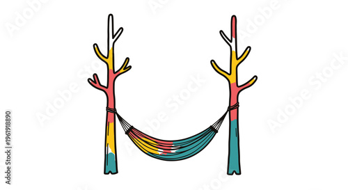 Colorful hammock between two trees.
