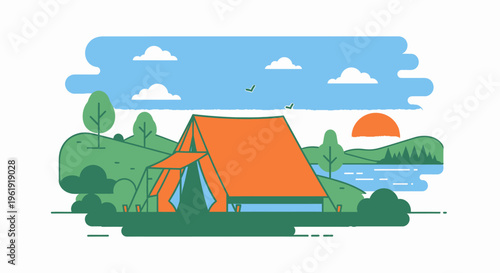 Camping tent by serene lake at sunset.