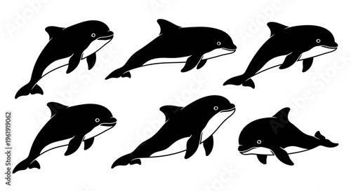 Six Black and White Silhouette Dolphins Swimming in Formation