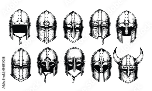Collection of hand drawn medieval helmets and armory vector set.