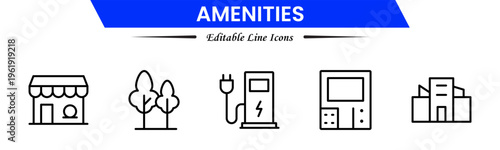 Amenities icons depicting facilities, services, comfort, convenience, hospitality, utilities, features, accommodation, leisure, accessibility, essentials, infrastructure, support, and modern living.